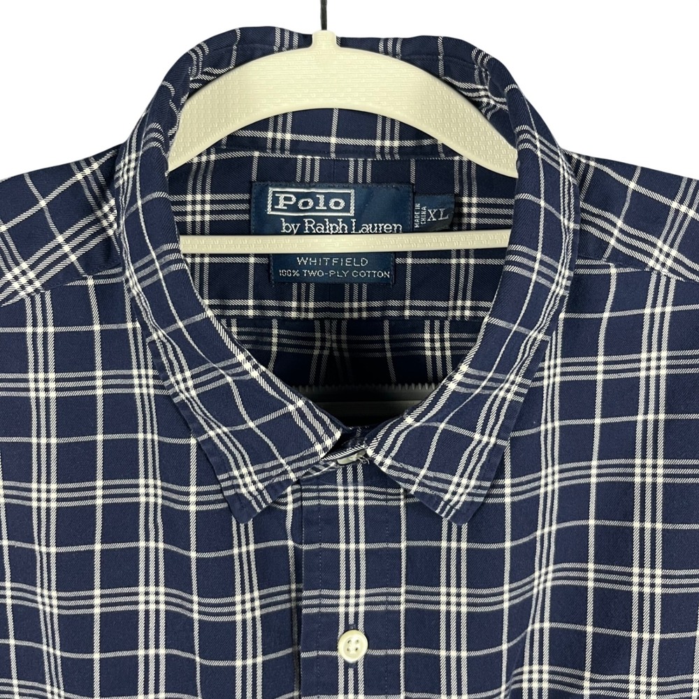 Polo Ralph Lauren Button Up Men XL Navy Blue Whitfield Grid Plaid Two-Ply Cotton